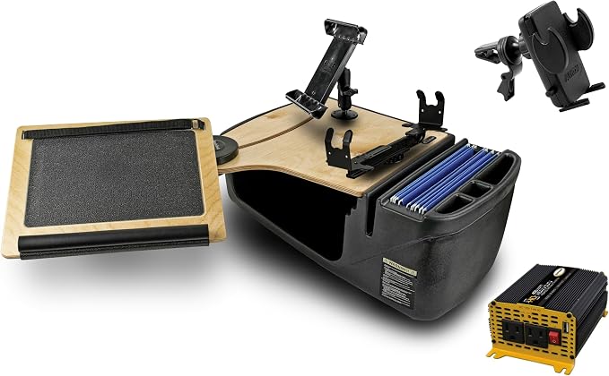 AutoExec Reach Desk Front Seat Car Desk and Portable Workstation with 400 watt Power Inverter, Printer Stand, Tablet Mount and Phone Vent Clip, Natural by AutoExec