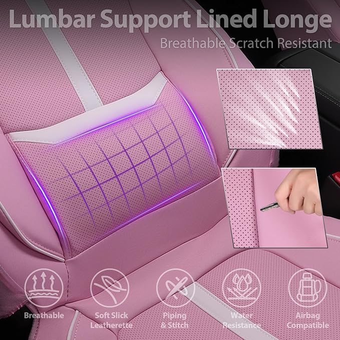 CAR PASS Nappa Leather Car Seat Covers, Cute Girly Water Resistant 3D Foam Faux Leather Seat Covers, Lumbar Support Automotive Seat Covers 2 Front Seats, Universal Fit for Cars SUV, Cute Pink White - Image 5
