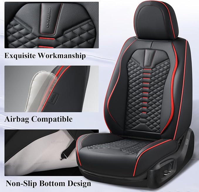 Coverado Seat Covers Full Set, Waterproof Nappa Leather Seat Covers for Cars, 5 Seats Universal Car Seat Protectors, Black Car Seat Covers Car Seat Cushions Fit for Most Cars (Black&Red) - Image 6