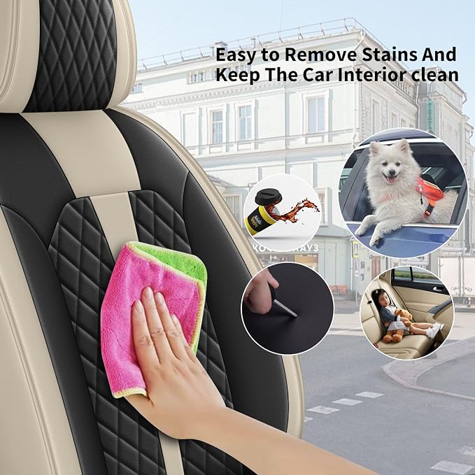 IKABEVEM Car Seat Covers Fit for Mazda CX-7 2007-2012 Full Set | Waterproof Faux Leather, Airbag Compatible, Easy Install & Wipe Car Seat Protector,5 Seats Covers Fit for CX-7, Beige&Black - Image 5