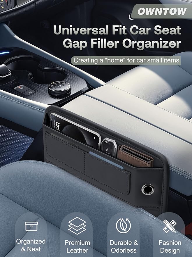 Universal Fit Premium Leather Car Seat Gap Filler Organizer, Center Console Organizer with Card Slots, Clever Gifts for Car SUV Truck Owners (Black, 1 Pack) - Image 2