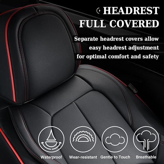 Coverado Car Seat Covers Full Set, Premium Nappa Leather Seat Covers for Car, Waterproof Car Seat Protector with Lumbar Support, Car Seat Cover Universal Fit for Most Cars SUV Truck(Black&Red) - Image 5