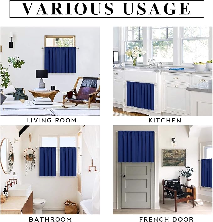 RYB HOME Short Blackout Privacy Curtains 30 inch Long for Bathroom Window | Thermal Insulated, Heat Blocking, Rod Pocket, Half Window Curtain Tiers for Nursery Bedroom, W42 x L30, Marine Blue, 2 Panels - Image 7