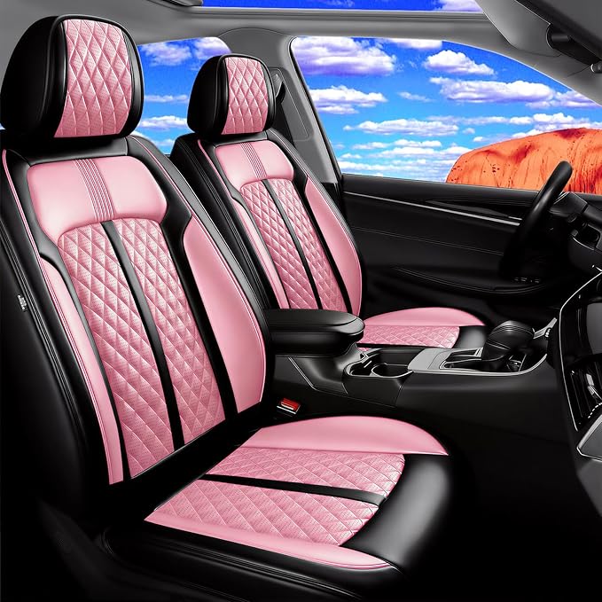 Fit Mazda 3 Seat Covers Custom Fit for Mazda 3 2010-2019, Front Pair | Premium Leather Full Coverage Protectors, Waterproof, Breathable, Scratch Resistant, Easy Wipe, Airbag Compatible, Black+Pink by FiveFox