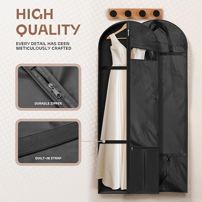 Lazebox 65" Travel Garment Bag with Accessories Zipper Pocket, Heavy Duty Suit Bag for Suits, Tuxedos, Dresses, Coats, Black, 2 packs - Image 3