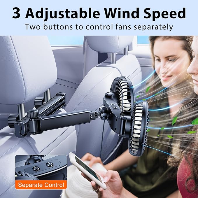ELOHEI 12V Quiet Car Fan for Backseat Kids with Foldable Stand | 3 Speed 360° Rotate Dual Head Usb Car Fans Strong Wind Power for Universal Cars SUV Sedan Trucks - Image 6