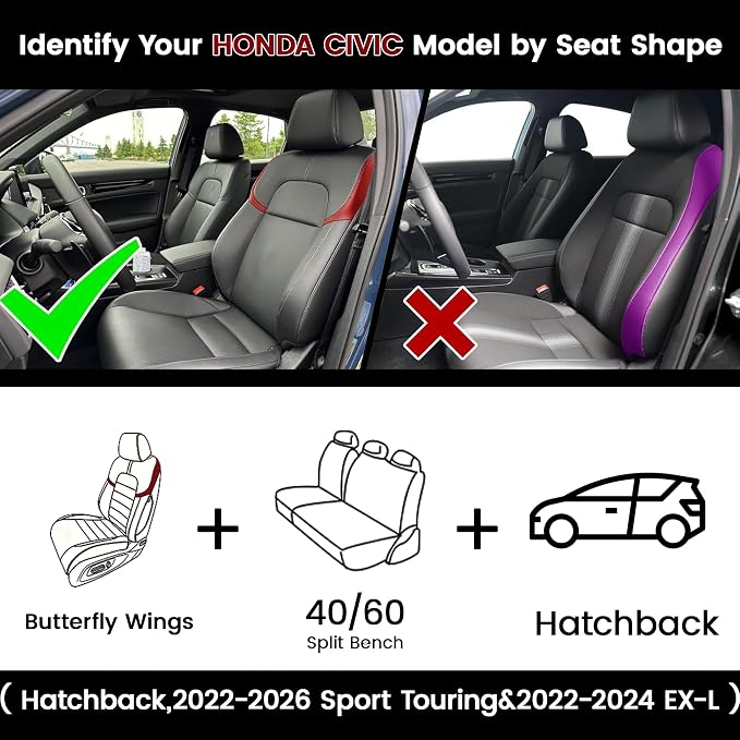 HKZ Custom Fit Civic Seat Cover Full Set for Honda Civic 4 Door (Hatchback 2022-2026 Sport Touring)&(Hatchback 2022-2024 EX-L) 5-Seats Full Set,Leather Seat Protector(Black+Grey) - Image 2