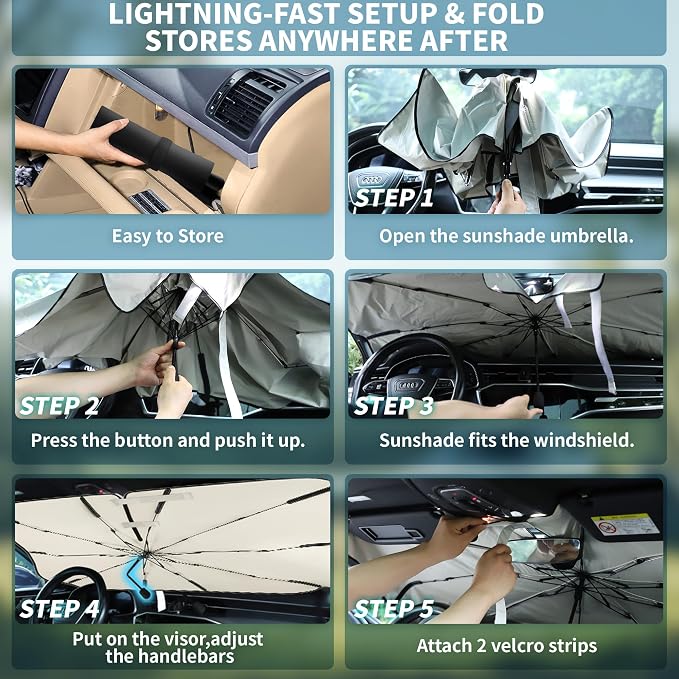 Windshield Sun Shade Umbrella,UPF 50+ Foldable Car Umbrella Sunshade Cover | 57"x33" UV Heat Insulation Car Front Window Sun Shade,5-Layer UV Block Coating,for Sedan,SUV,Pickup,Trucks,Keep Vehicle Cool - Image 8