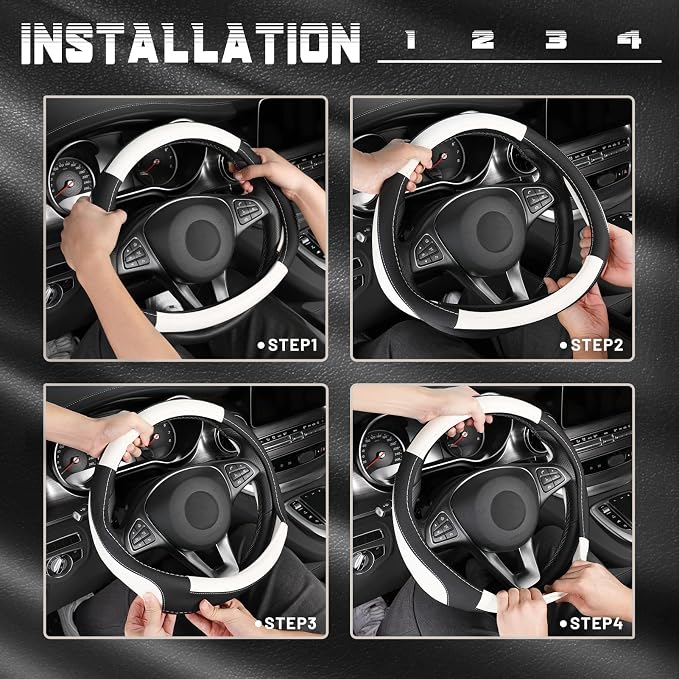 SEG Direct Steering Wheel Cover 14.5-15 inch Car Auto Interior Accessories | Universal Medium Standard Size 37-39cm for Car Truck SUV, Microfiber Leather, Anti-Slip Comfortable Grip, Black and White - Image 6