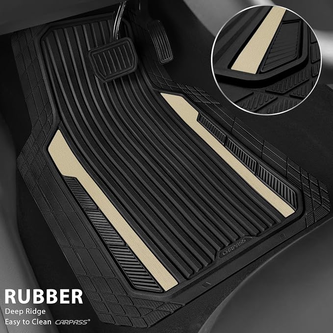 CAR PASS Heavy Duty Rubber Car Mats Metallic, Aluminum Film All Weather Floor Mats Waterproof Universal Trim to Fit for SUV Sedan Van 4 Piece Deep Dish Two-Tone Sporty Black Golden Chrome - Image 2