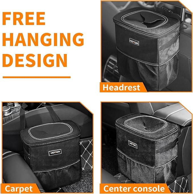 HOTOR Car Trash Can, Compact Waterproof Organizer, Leak-Proof Bin, 3-Gallon | Black, Multifunctional Car Accessory with Adjustable Straps & Magnetic Snaps for Interior Car Storage - Image 5