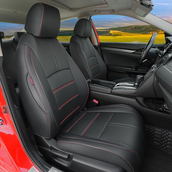 Lolcar Custom Fit Civic Seat Covers for Honda Civic 2016 2017 2018 2019 2020 2021 Hatchback EX,Sport Touring,EX-L - 5-Seats Leather Full Set，Black red line(60/40 Split Seatback) by LOLCAR