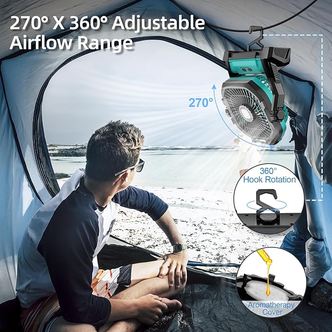 Camping Fan Rechargeable, 20000mAh Battery Powered Portable Fan with LED Light, 4-Speed 180° Adjustable, Camping Essentials for Tent, Travel, Car, Outdoor, Indoor, BBQ, Fishing, Jobsite - Blue - Image 5