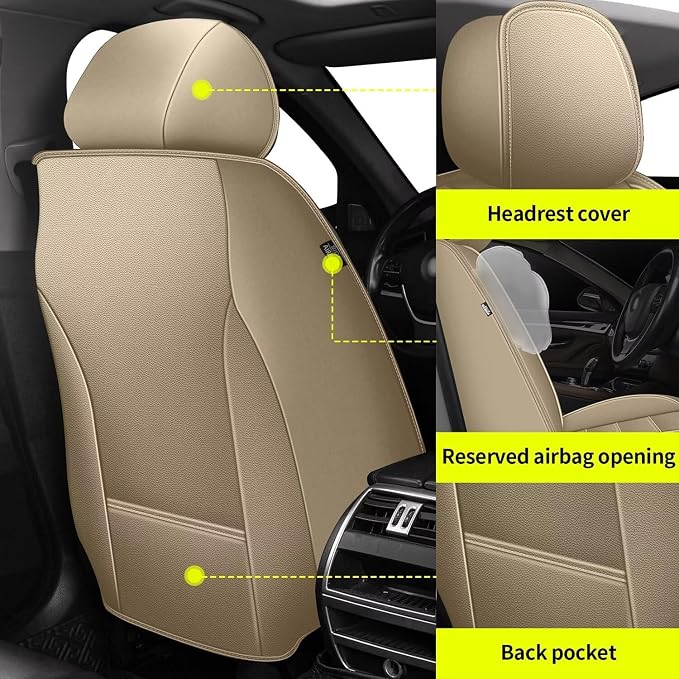 IKABEVEM 5 Seats Car Seat Covers fit for Subaru Outback 2010-2025 2026: Full Set Luxury Faux Leather Car Seat Protector, Waterproof Automotive Seat Covers(Beige) - Image 3