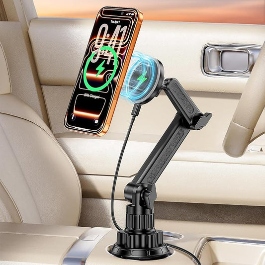 Magsafe Car Mount Charger, Stable Cup Holder Phone Holder Wireless Charger | Height Adjustable, Flexible angle, Fast Charging Car Accessories for iPhone 17 16 15 14 13 12 Series, for Cars, SUVs & Trucks by SNGOAM