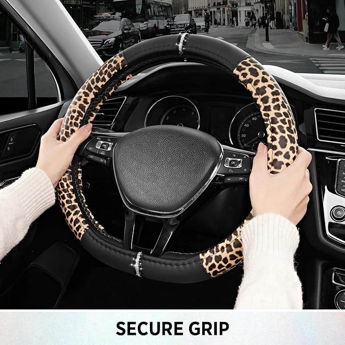 Road Comforts Leopard Steering Wheel Cover for Women, Cute Anti-Slip Microfiber Leather, Fits D Shape Flat Bottom Steering Wheel 14.5-15 Inch - Black - Image 5