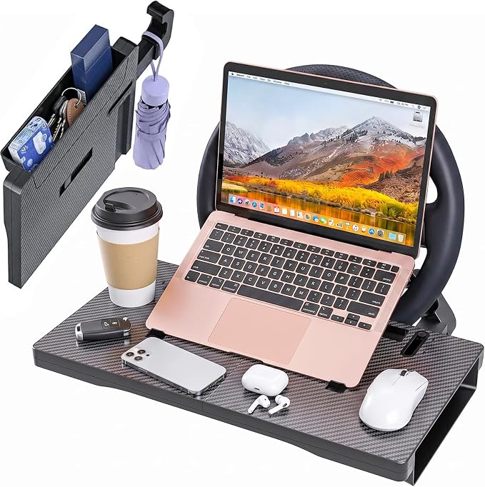Carbon Fiber 3-in-1 Steering Wheel Tray Table & Car Seat Gap Filler Organizer & Centre Console Storage Box | Foldable Adjustable Car Desk/TableTray for Laptop, Eating & Work (【Foldable】 3-in-1) | Detachable Seat Gap Filler，0-30° Adjustable Angle，3-in-1... by Unknown