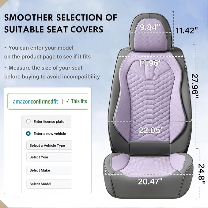 Coverado Car Seat Covers, Front Seat Cover, Waterproof Nappa Leather Seat Covers for Cars, Driver Car Seat Protectors, Gray and Purple Automotive Seat Covers Universal Fit for Most Cars - Image 7