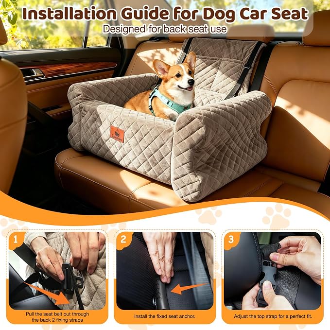 Dog Car Seat for Medium/Large Dogs up to 60LBS Memory Foam Dog Booster Seat | with Thick Cushion, Pet Car Seat for Back with Detachable Washable Cover, Storage Pockets for SUV, Pick Up, Trunk, Khaki - Image 5