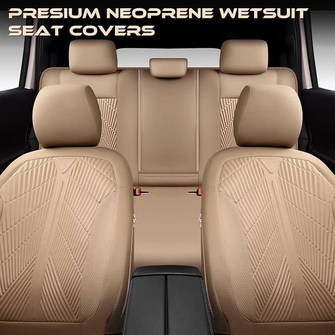 CAR PASS Waterproof Car seat Covers Full Sets Neoprene Wetsuit, All-Weather Non-Slip Durable, Universal Fit for SUV Sedans Trucks Vans Automotive, Armrest Airbag Compatible, 3D Emboss All Beige - Image 7