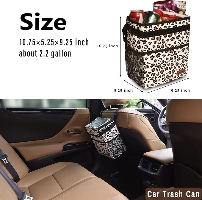 SIBOFUEGO Cute Car Trash Can with Lid – Multipurpose Collapsible Trash Bin for Car, Leak-Proof Organizer, Waterproof Garbage Can with Storage Pockets & Adjustable Straps, 2 Gallons (Leopard Print) - Image 3