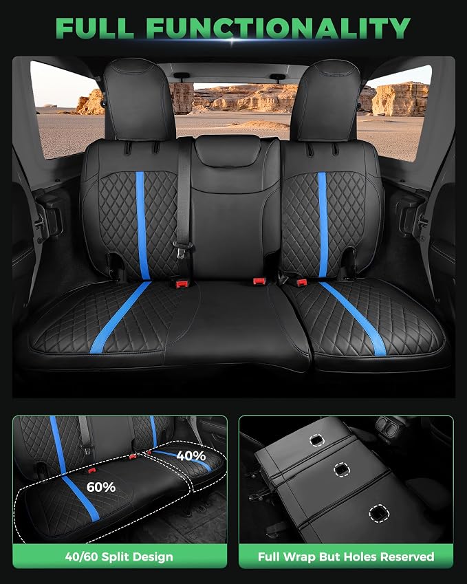 RIDEPOSH for Jeep Wrangler Leather Custom Car Seat Covers Full Set 4 Door | 2018-2026 JL, without Rear Cup Holder, Not for 4XE, Luxury Waterproof Protector, 40/60 Spilt, 5 Seats, Full Coverage, Durable - Image 4