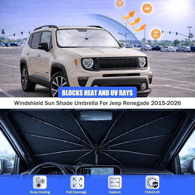 Car Windshield Sun Shade Umbrella for Jeep Renegade 2015-2026 | 2026 Upgraded,Custom-Fit Umbrella Sunshade,Easy Install,UV Protection & Heat Reflective,Keep Interior Cooler with Storage Bag - Image 3