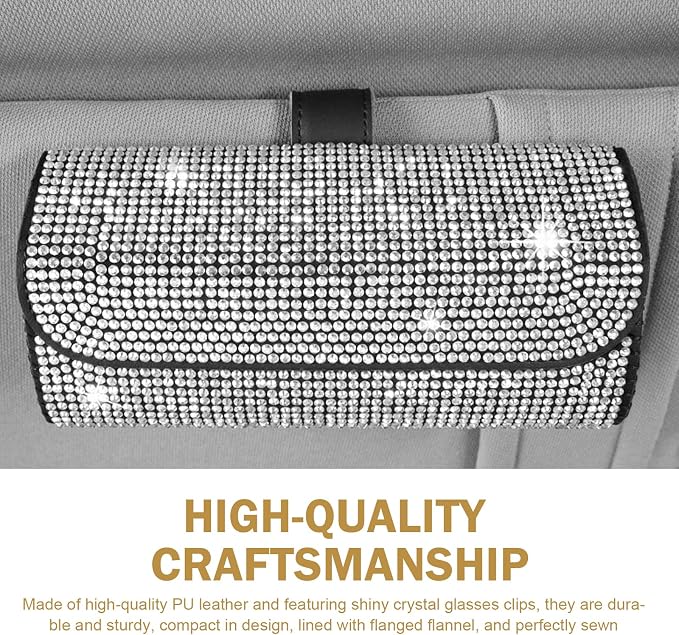 Bling Sunglasses Holder for Car Sun Visor, Rhinestone Auto Eyeglasses Mount Clip Organizer, Leather Sunvisor Sunglasses Storage Case, Universal Glasses Holder Clips for SUV, Sedan, Van (White) - Image 4