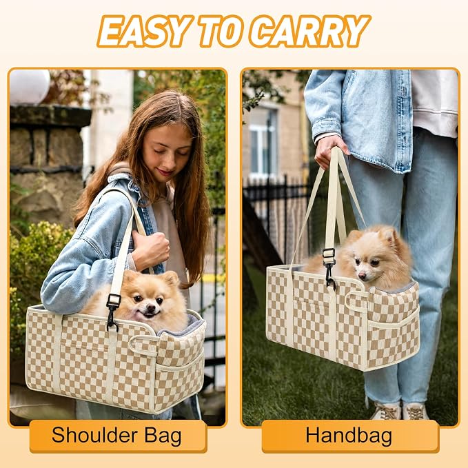Console Dog Car Seat for Small Dogs, Foldable Booster Seat, Khaki Checkered | Portable Booster Seat Sits On Car Console/ Armrest. Foldable for Easy Storage. for Center Console, Easy To Clean. - Image 7