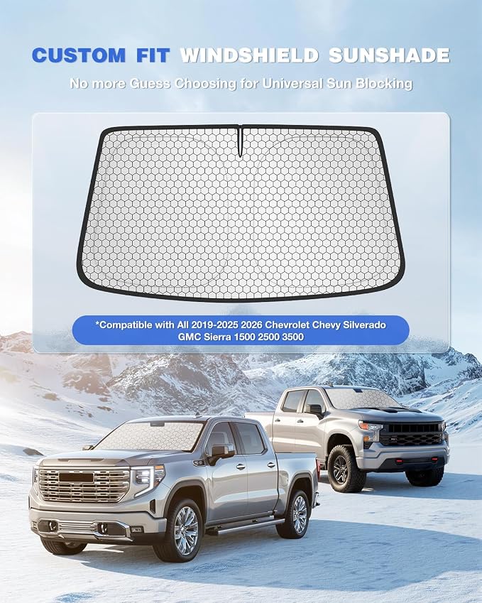 Custom Fit Windshield Sun Shade for Chevrolet Silverado & GMC Sierra 1500/2500/3500 (2019–2026), Edge-to-Edge No-Gap Fit, Blocks Heat & UV, Step Into a Cooler Truck - Image 2