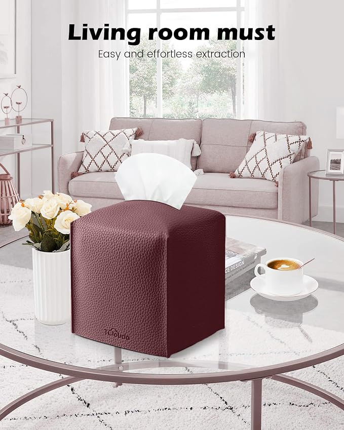Tissue Box Cover for PU Leather, Modern Simple Solid Color Holder Square Tissue Bag, Ideal for Bathrooms,Office,Car,Nightstand,Outdoor Tent,Dining Table,5"X5"X5", Single Wine - Image 3