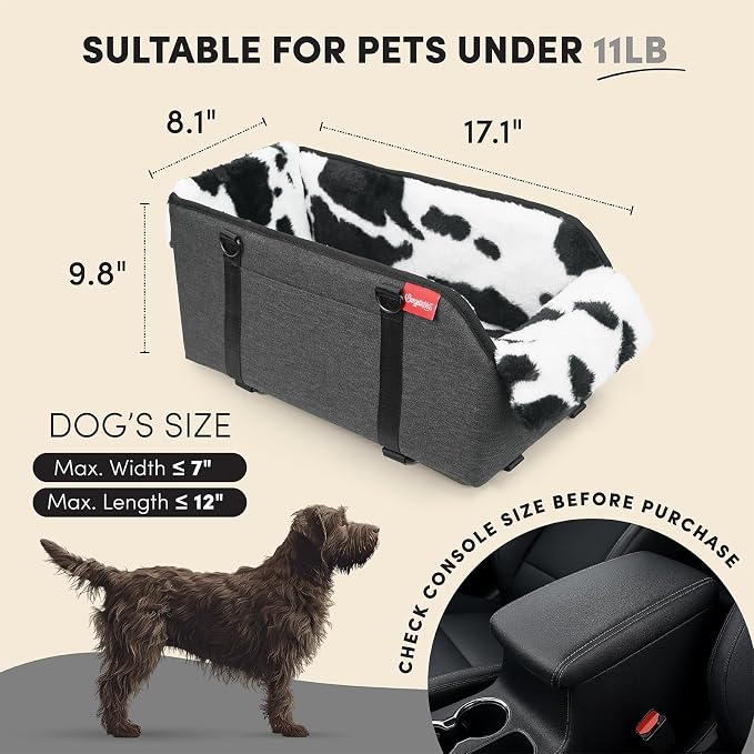 BurgeonNest Center Console Dog Car Seat for Small Pets to 11lbs, Milk Cow | Anti-collapse armrest Console seat with washable fluffy cushion, pillow & tether for stable, cozy pet travel trips. - Image 2