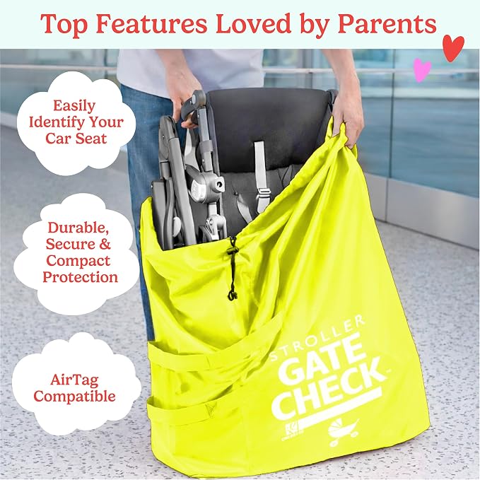 J.L. Childress Gate Check Bag for Single & Double Strollers, Neon Yellow | AirTag compatible Gate Check Bag keeps strollers clean, protected & easy to identify when airport gate checking - Image 2