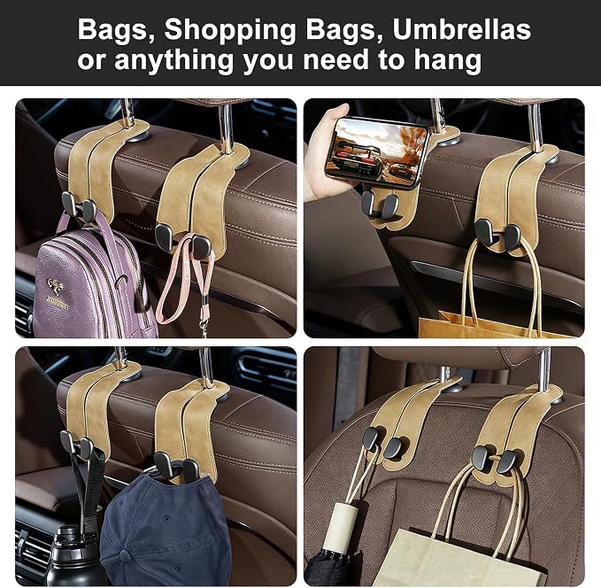 CoBak Purse Hook for Car - Universal Premium Stitched Leather and Aluminum-Magnesium Alloy Double Car Seat Back Storage Hook for Purses, Handbags, Bags (2 Pack),Linen - Image 6