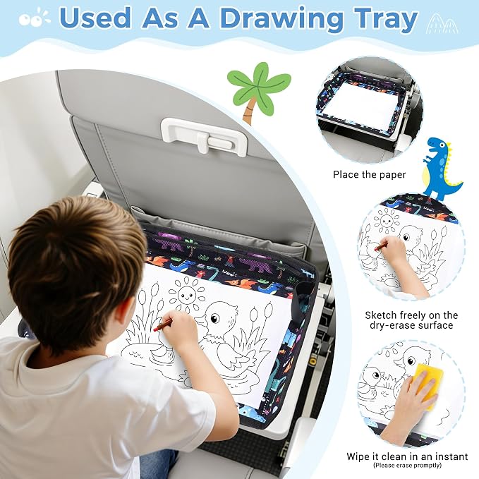 COOLBEBE Airplane Tray Table Cover, Foldable Travel Tray Cover | for Toddlers 1-3, Universal Fit for Airplane, Car Seat, High Chair, Machine Washable, Portable, Black Dinosaur - Image 3