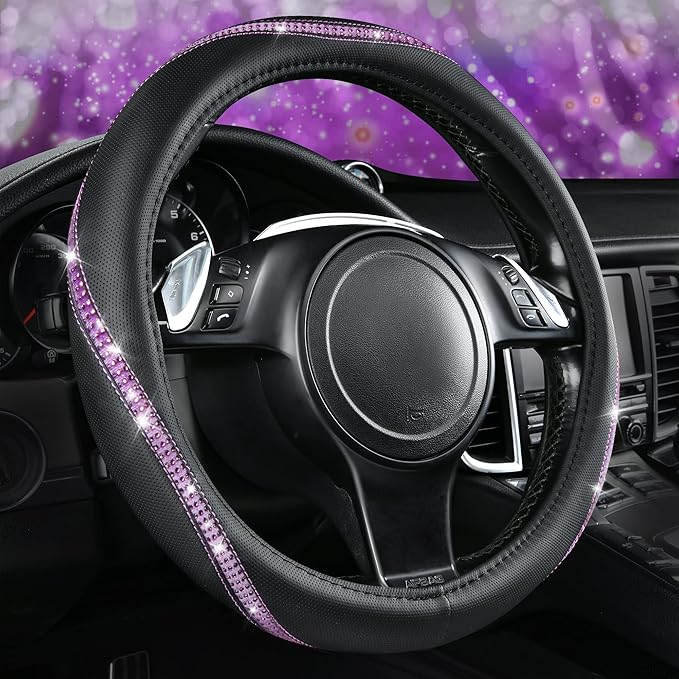 CAR PASS Bling Diamond Black Leather Steering Wheel Cover, Studded Crystal Rhinestones Universal Fit 14" 1/2-15" Glitter for Women Sparkle Girl Fit Suvs,Vans,Sedans,Car,Trucks, Purple Diamond by CARPASS