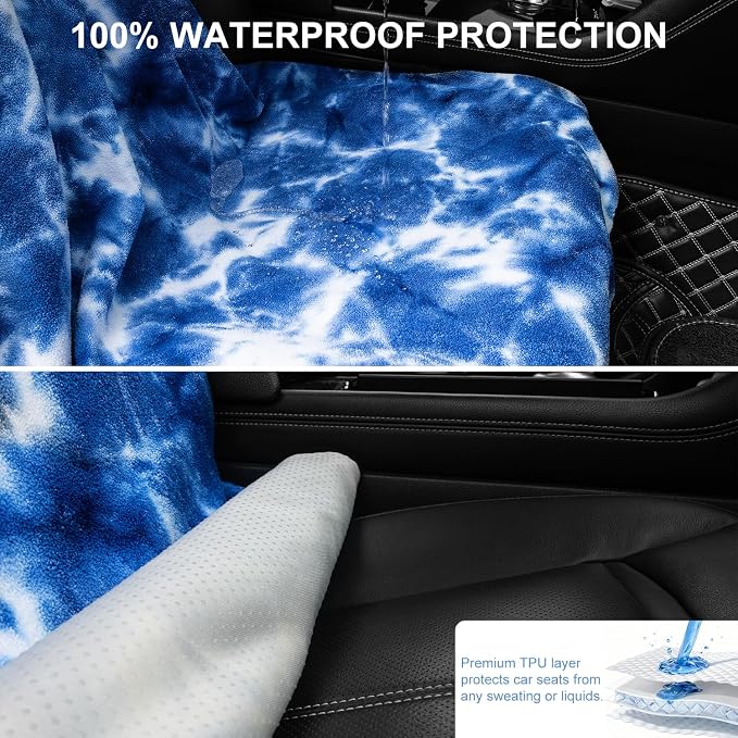 Waterproof Sweating Car Seat Cover for Post Gym Workout, Running, Swimming, Beach and Hiking, Universal Fit Non-Slip Bucket Seat Protector for Cars SUV Trucks, Machine Washable (Tie-Dye Blue) - Image 2