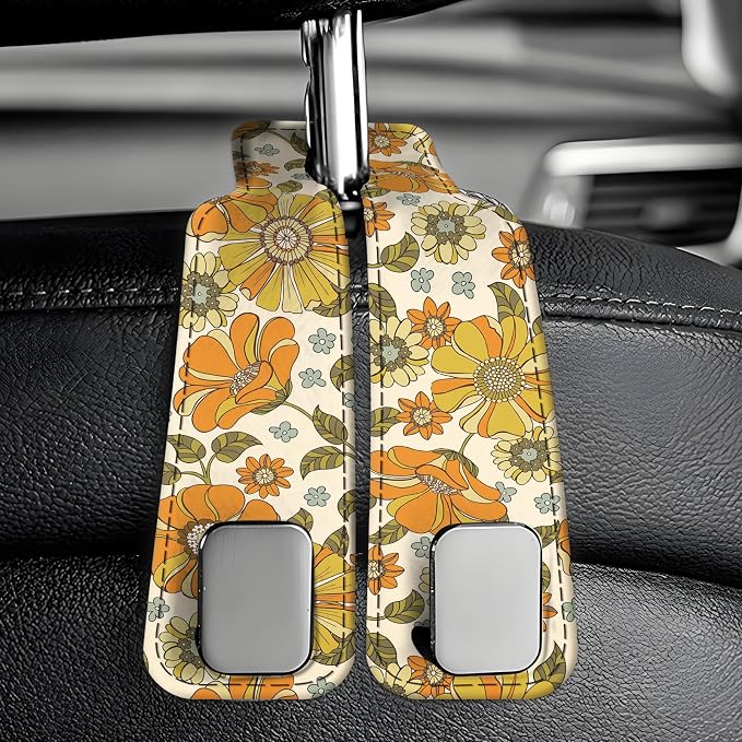 Car Seat Back Storage Headrest Hook, Premium Leather Double Metal Hook, Hanger Storage Organizer for Purse Cloth Bag, Car Interior Accessories Boho Orange Flowers - Image 6