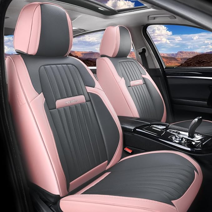 Coverado Car Seat Covers Full Set, Nappa Leather Seat Covers for Cars, Waterproof Car Seat Covers Front Seats and Back, Automotive Car Seat Protector Car Seat Cushion Fit for Most Cars (Pink&Grey) - Image 9