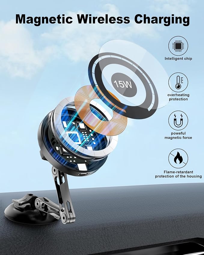 ZBF Magnetic Phone Holder for Car,15W Wireless Fast Charging for MagSafe Car Mount Vacuum Suction Cup Dashboard Windshield Phone Mount for Car 360°Adjustable Magnetic Mount for Women Men iPhone 17/16 - Image 3