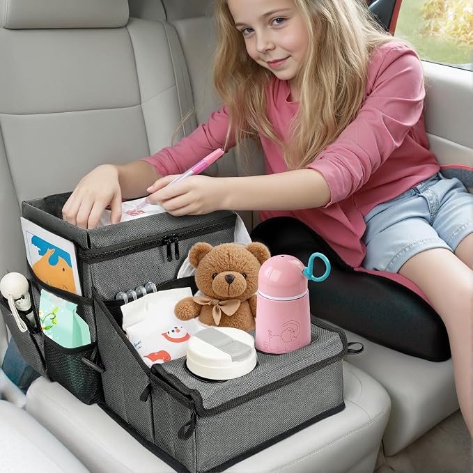 Backseat Organizer for Kids & Adults – Car Seat Cooler Warmer with 2-in-1 Writing Tray, Cup Holders & 11 Storage Compartments | Road Trip Car Organizer for Front & Back Seat (Grey) by WENRENER