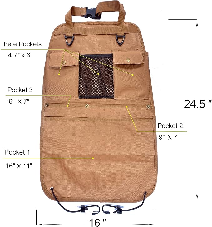 Car Seat Back Organizer with Multiple Pockets and Hooks (brown) - Image 2