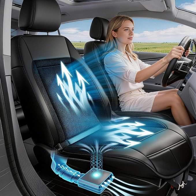2026 Upgraded Cooling car seat Cover, Instant Cooling in 3 Seconds, 12V 3-Speed Airflow, Fits Cars, SUVs & Trucks, Breathable 3D Mesh & Premium Leather, Gift for Drivers (Black) by MYAYLYGO