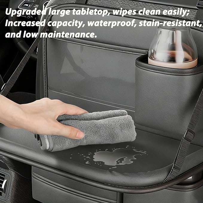 Universal Premium Leather Foldable Car Backseat Organizer with Table Tray, Seat Back Protector with Touch Screen Pad Phone Holder, Car Storage Pockets Tissue Holder with School Bags Hooks - Image 8