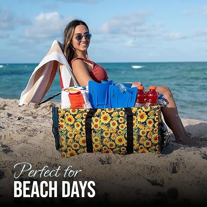 Extra Large Utility Tote Bag - Oversized Collapsible Reusable Wire Frame Rectangular Canvas Basket With Two Exterior Pockets For Beach, Pool, Laundry, Car Trunk, Storage - Sunflower - Image 2