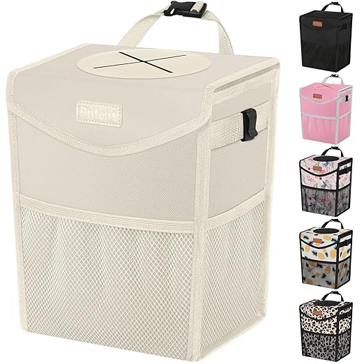 Pritent Car Trash Can with Lid Leakproof Car Garbage Bag Vehicle Trash Bin | Hanging Automotive Garbage Can,Multipurpose Car Accessories for Women Men Interior Car Storage Organizer(2 Gal,Ivory) by Pritent