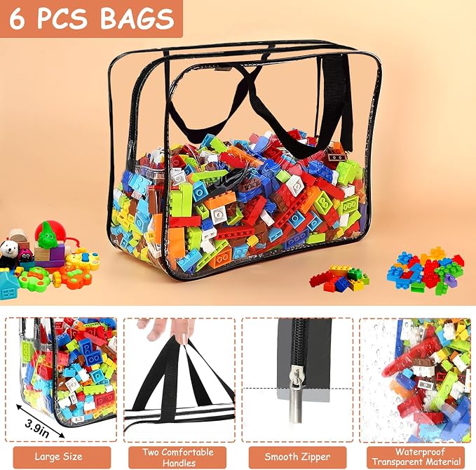 6 Packs Large Toy Storage Bags with Labels, Reusable Clear PVC Board Game Storage, Travel Waterproof Organizer Bags with Zipper for Building Blocks, Puzzle, Kids Books - Image 3