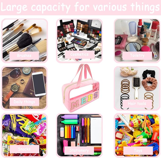 Bunliuys Chenille Letter Clear Makeup Bag Meds Patch, Travel Toiletry Makeup Bag with Handle, Nylon Waterproof Makeup Bags clear cosmetic bag, preppy patch makeup bag for Women (MEDS-Pink) - Image 5