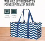 Extra Large Utility Tote Bag, Oversized Collapsible Reusable Wire Frame Rectangular Canvas Basket With Two Exterior Pockets For Beach, Pool, Laundry, Car Trunk, Storage - Chevron Navy - Image 5