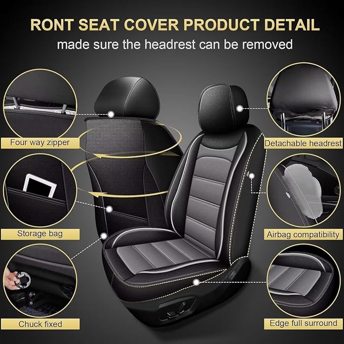 IKABEVEM Car Seat Covers Full Set Fit for Infiniti QX60 2014-2020: 5 Seats Auto Interior Accessories, Faux Leather Waterproof Seat Cushions Vehical Cover (Black&Grey) - Image 3